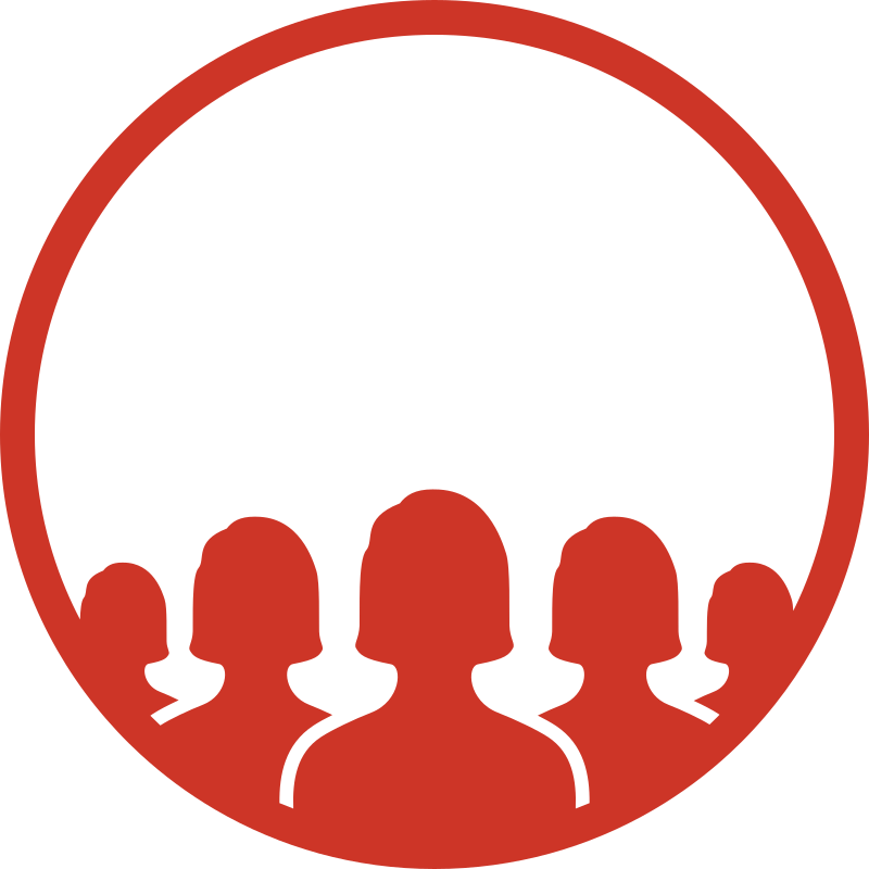 Red circle icon of five people standing staggered together.